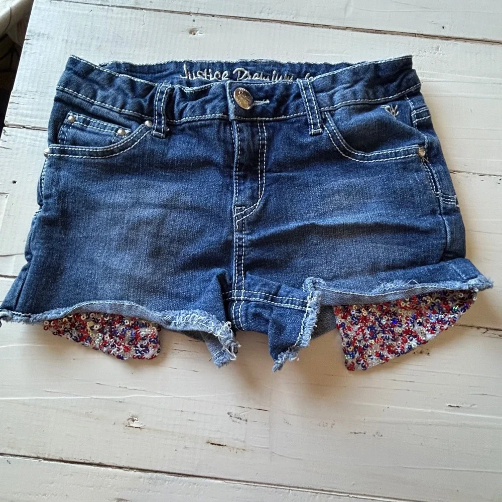 Justice Girls Denim Shorts Bundle Size 12 Lot of 4 White Blue Sequin Pocket Hem